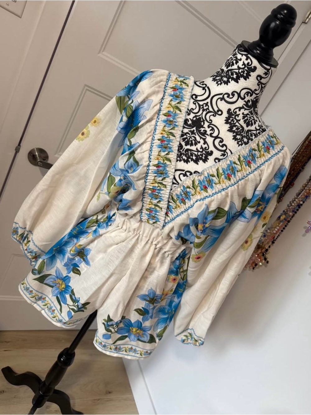 Embroidered Boho Peasant Blouse Combinaison in Blue Floral